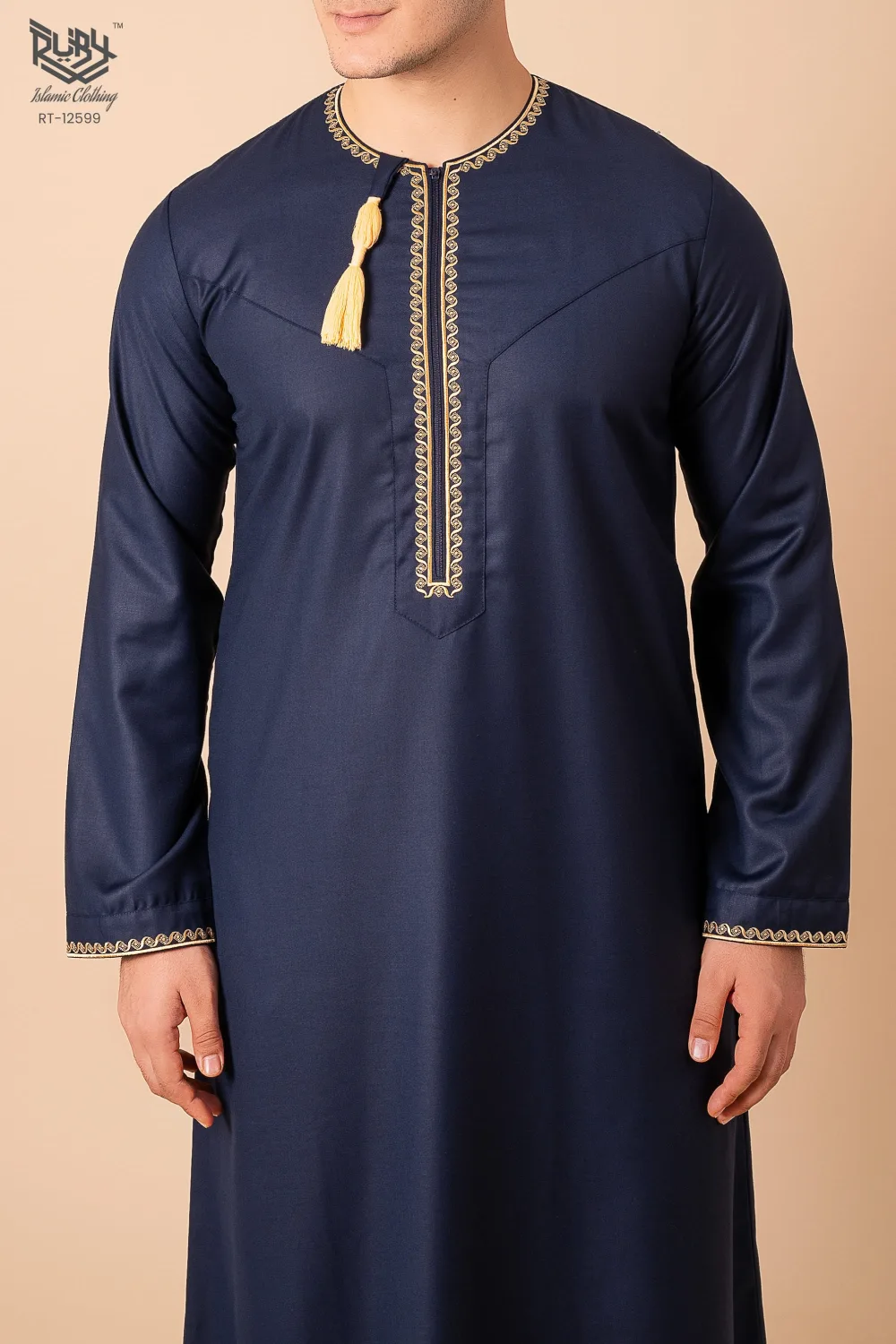 Navy Blue Omani Thobe with Gold Geometric Embroidery & Tassel - Image 4 - Ruby Online
