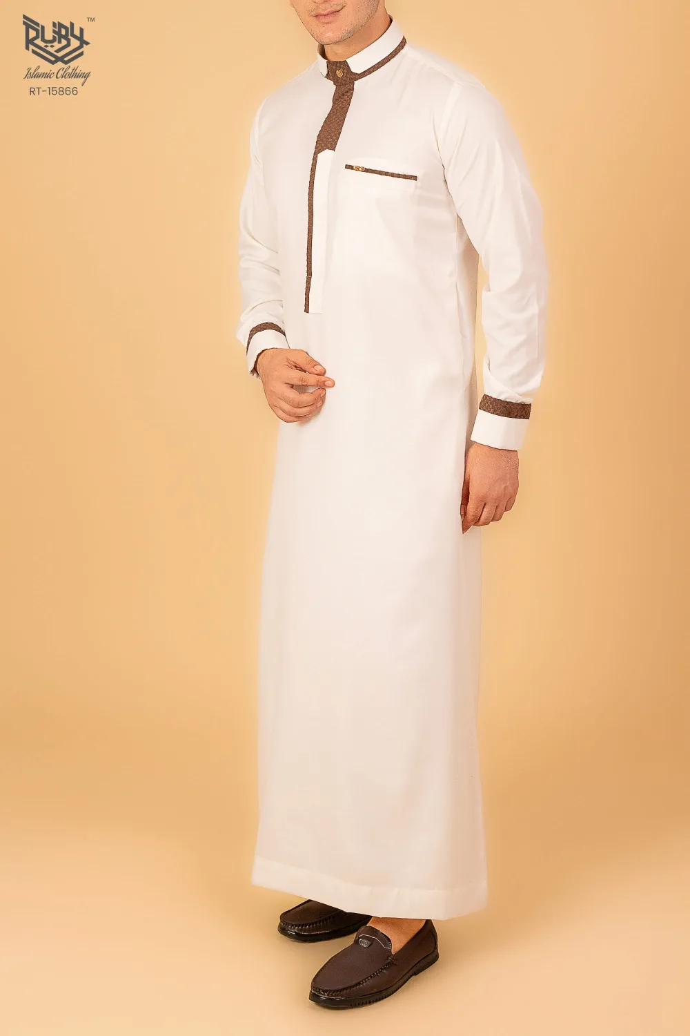 Men’s White Designer Thobe with Brown Contrast Piping – Premium Saudi Collar Kandura - Image 2 - Ruby Online