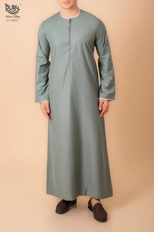 Premium Light Grey Emirati-Style Thobe with White Contrast Piping & Minimal Panel Design